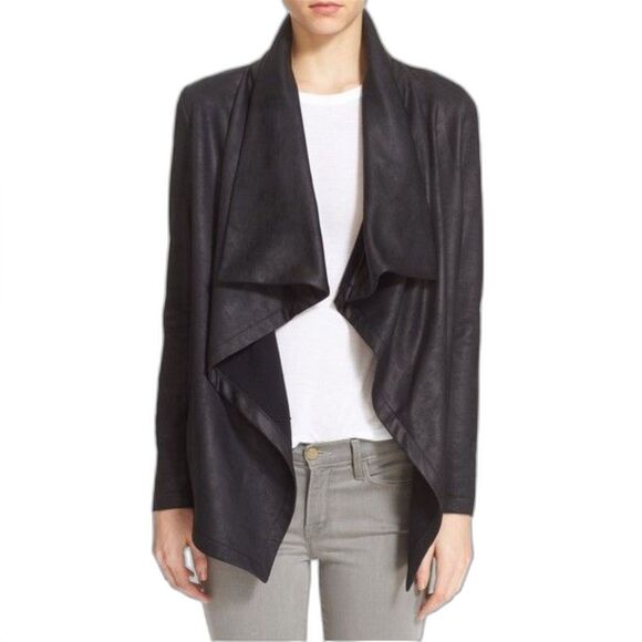 The Kooples Women Draped Faux-Suede Jacket, Size EU 32 (US XS) Black Coated Knit